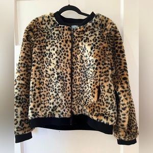 Skies Are Blue Leopard Faux Fur Bomber Jacket Size L